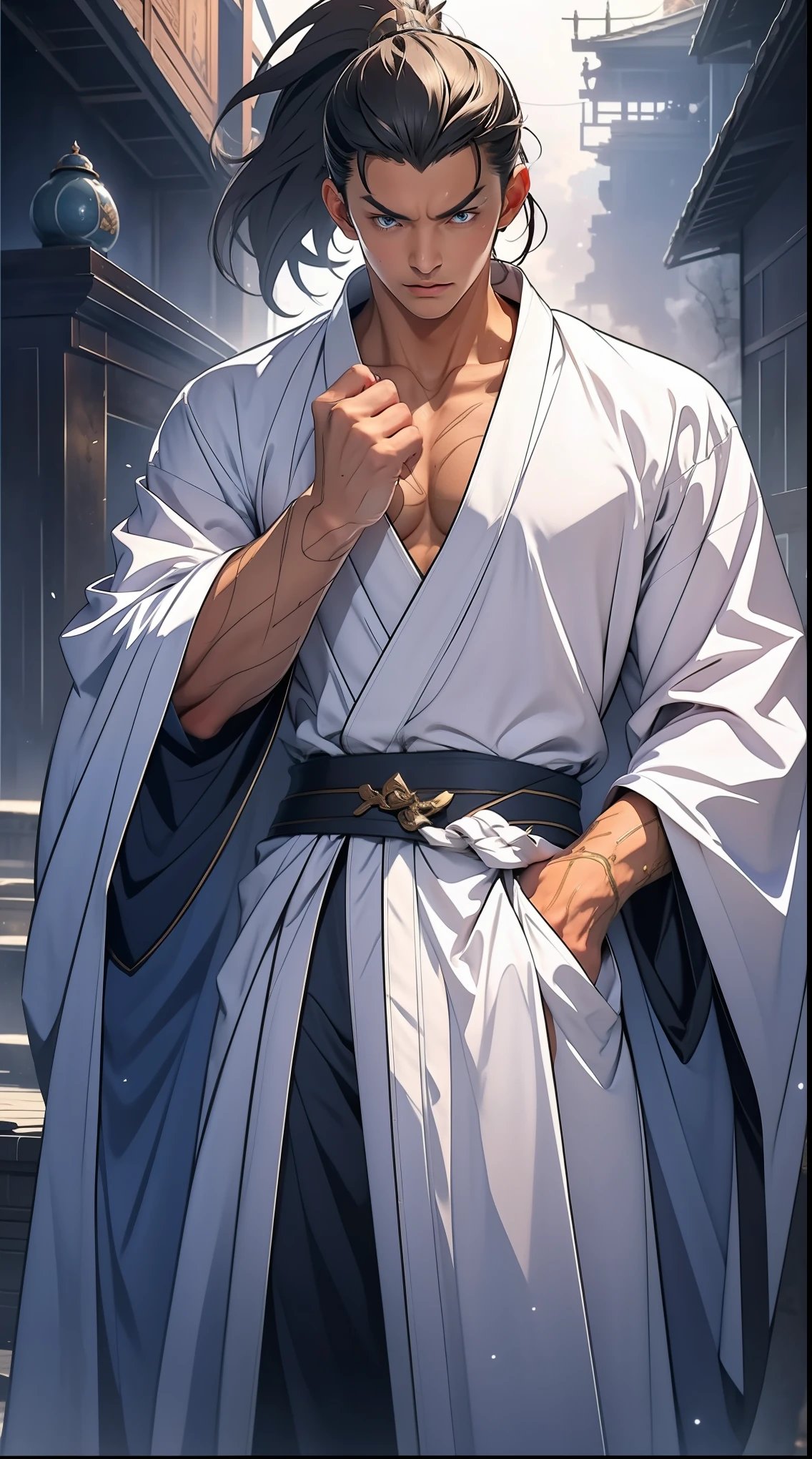Two dimensions，anime style，one person（male warrior），proportions are correct，facial details，swordsman，high ponytail hairstyle，neck detail，Have an Adam&#39;s apple，White robe，joke，white robe，clothing details，transfer，long sleeves，Game quality，fencing，Ray tracing，Ray tracing，Detailed glow，CG rendering，hair details，long white hair，blue eyes，Handsome，Handsome，（Youthful feeling），Clothing is complicated，Perfect composition，refine，high quality，higher details，many details，Complex background，a sense of atmosphere，