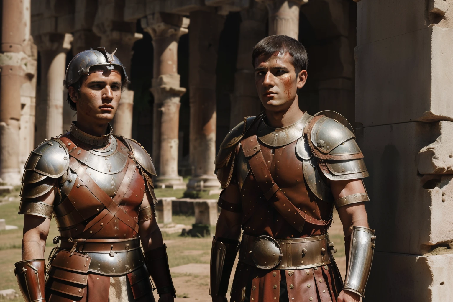Mitilene, 77 BC. A young ((((21-year-old)) Julius Caesar)), with ((Titus Labienus)), war, battle, fighting, inside the city walls, stained with blood, blood in his face. ((((roman legionary clothings and armor from the 1st century BC))))