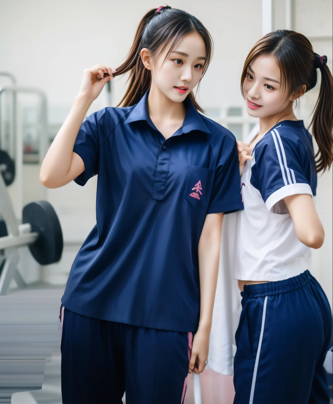 Two girls playing badminton in the gym, Navy blue short-sleeved shirt,Navy Long Trackpant,Sweatpants, Sweatpantsขายาว,25 year old girl, lesbian, sexy, exercise clothes, wet body, exercise clothes