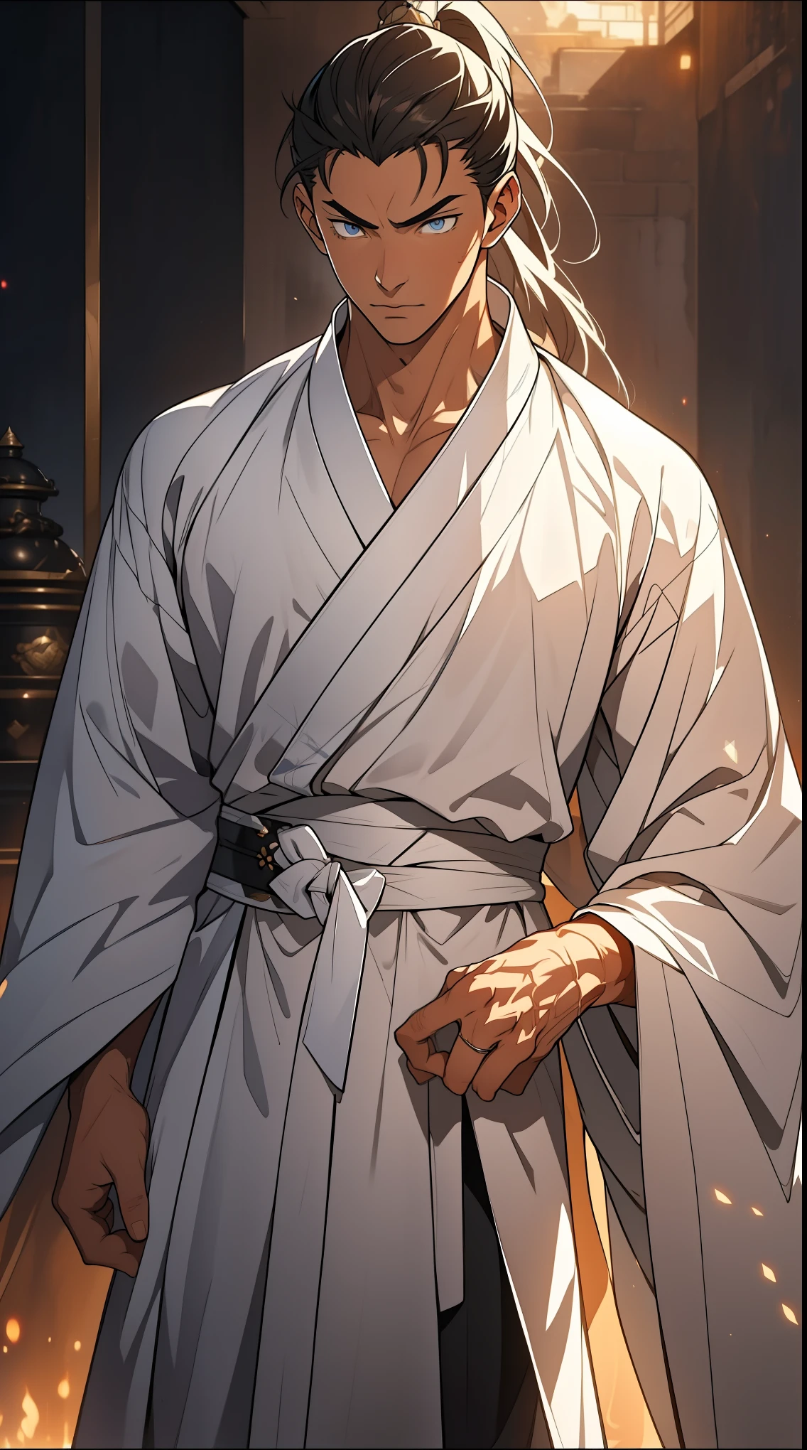 Two dimensions，anime style，one person（male warrior），proportions are correct，facial details，swordsman，high ponytail hairstyle，neck detail，Have an Adam&#39;s apple，White robe，joke，white robe，clothing details，transfer，long sleeves，Game quality，fencing，Ray tracing，Ray tracing，Detailed glow，CG rendering，hair details，long white hair，blue eyes，Handsome，Handsome，（Youthful feeling），Clothing is complicated，Perfect composition，refine，high quality，higher details，many details，Complex background，a sense of atmosphere，