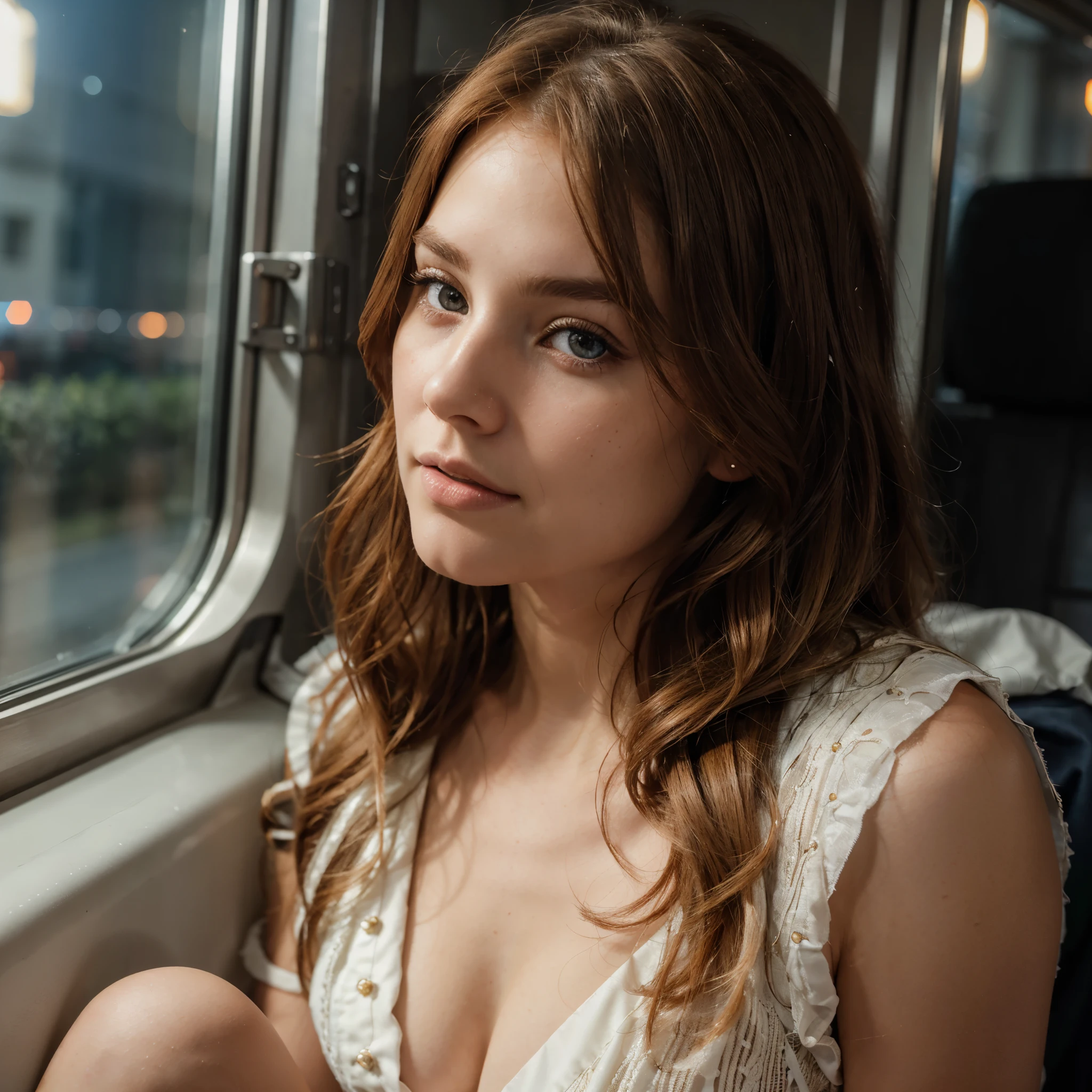 RAW uhd portrait of 24-year-old blonde close-up, Natural red hair, castles, Wavy, (brown-eyed woman) sitting by the window in the early morning, dressed in a very elegant and pretty dress, on an old train, The background of the night of the city, (cutout), Detailed (textures!, Hair!, brightness, Color!, imperfections:1.1), High detail of light eyes, (looking at the camera), specular lighting, dslr, ultra quality, sharp-focus, Sharp, Depth of field, Film grain, (centered), Fujifilm XT3, Crystal clear, The center of the frame, cute face, sharp-focus, lamp post, neon lights, bokeh, (dimly lit), Low key, in night, (night sky).