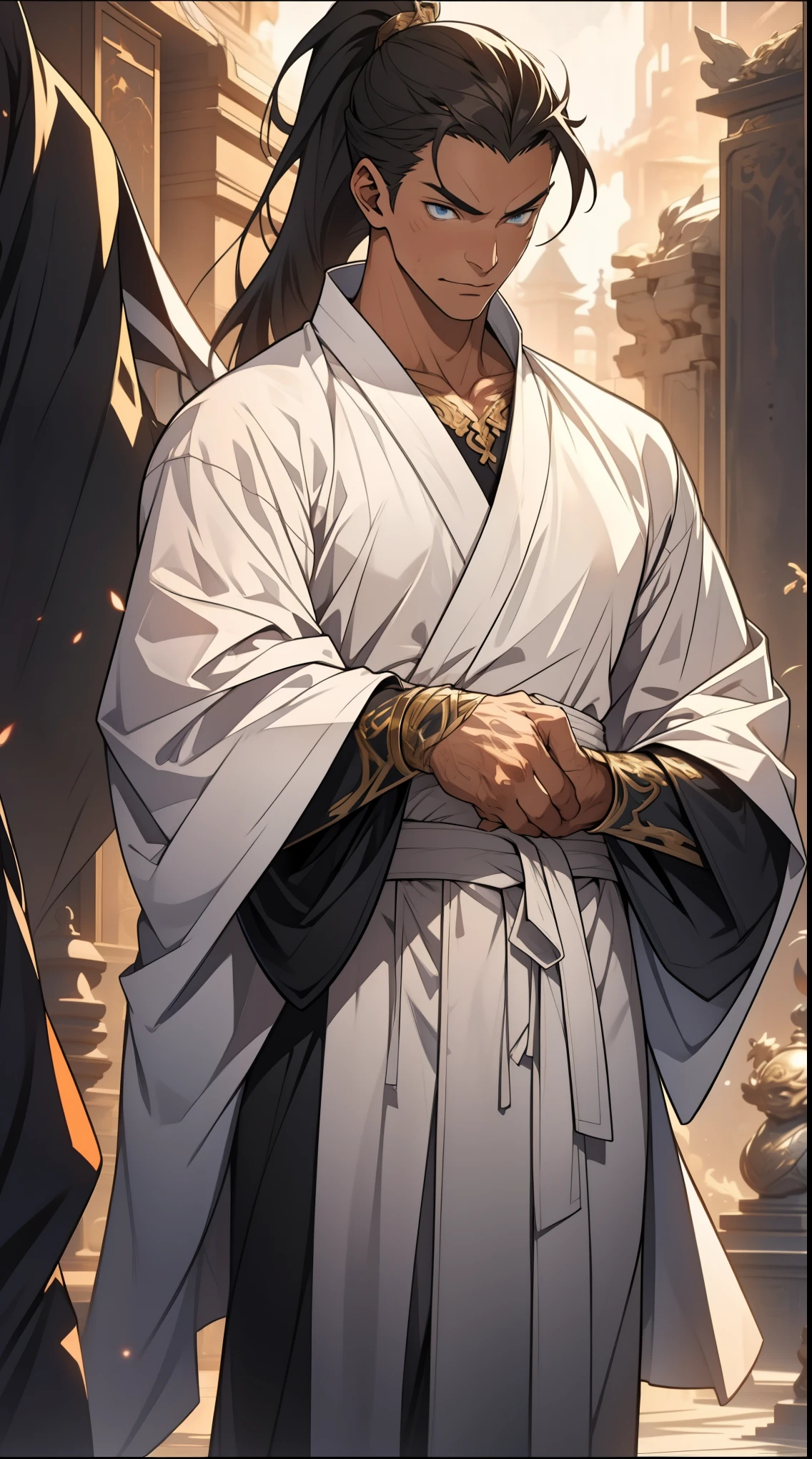 Two dimensions,anime style,one person(male warrior),proportions are correct,facial details,swordsman,high ponytail hairstyle,neck detail,Have an Adam's apple,White robe,joke,white robe,clothing details,transfer,long sleeves,Game quality,fencing,Ray tracing,Ray tracing,Detailed glow,CG rendering,hair details,long white hair,blue eyes,Handsome,Handsome,(Youthful feeling),Clothing is complicated,Perfect composition,refine,high quality,higher details,many details,Complex background,a sense of atmosphere,