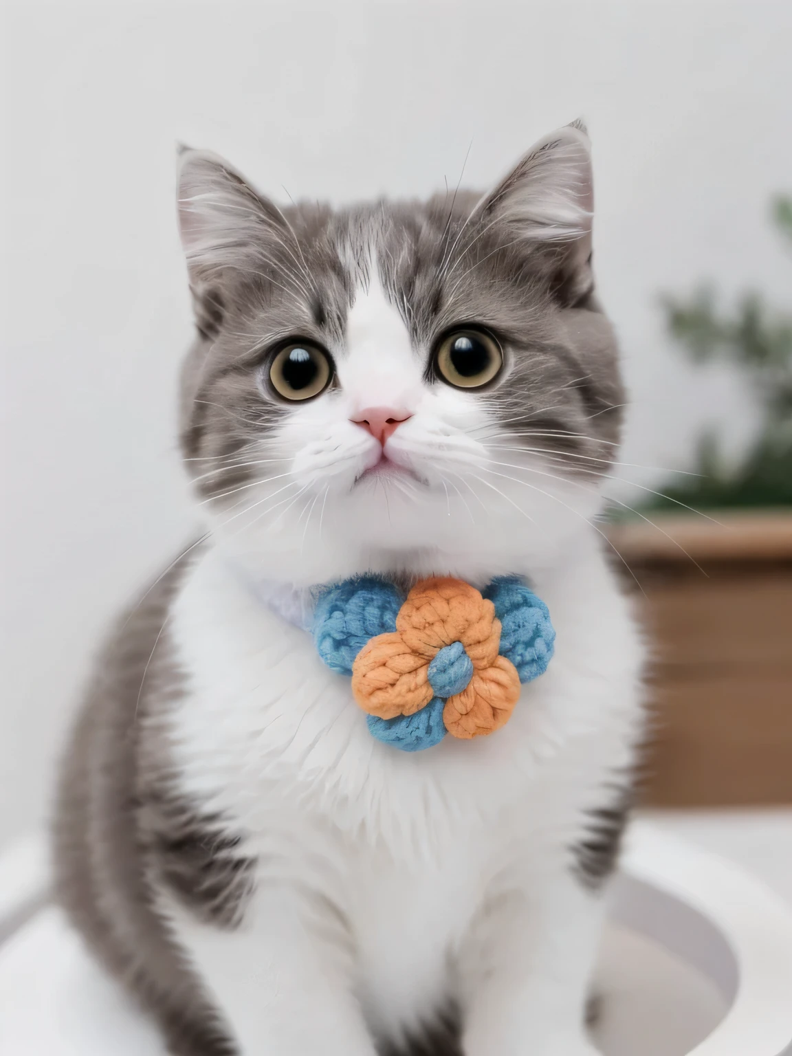 Cat, alone, looking at the audience, Lovely, charming, simple background, Flower collar, vague, black eyes, no humans, vague background, animal,