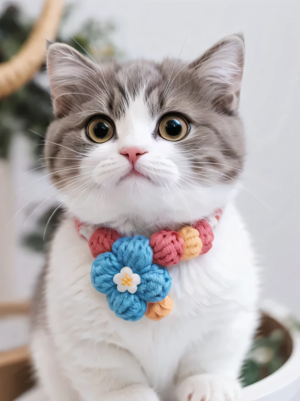 Cat, alone, looking at the audience, Lovely, charming, simple background, Flower collar, vague, black eyes, no humans, vague background, animal,