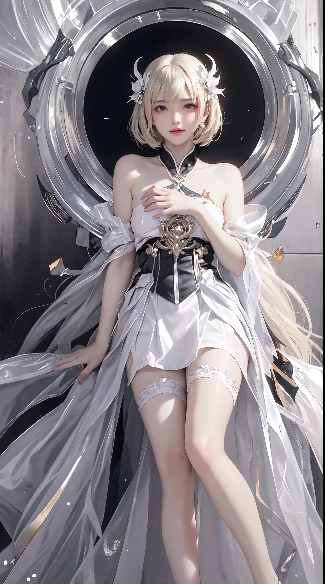 Ahri_Cosplay, White Tails, Black long hair, yellow eyes, ((yushuxin,1girl,solo)),(((Miss))), (((better quality))), (((masterpiece))), (((aldult))), (((1 girl))), ((( bob hairstyle ))), (( National Science Foundation )), Miss de 25 anos com um corpo musculoso;, (( bob hairstyle )), clear skin, Simon Beasley (Simon Bisley), Nude showing off wild urban style, blonde short hair, minimum attire, There is metal protection on the left arm,With complex graphics, deep red,With white stars and black and white splashes, armor, full of thorns, (((From the knee up))), 白色blonde short hair, Wall in background painted by Shepard Fairey,Complex design