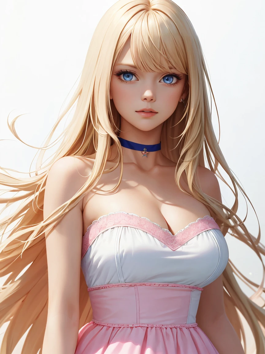 (((masterpiece))),best quality, [(white background:1.5)::5], (isometric:1.1), 1 woman, big breasts, blue eyes, very long hair, blonde hair, long blonde hair, side sweep bangs, pink choker, strapless pink dress, fighting stance