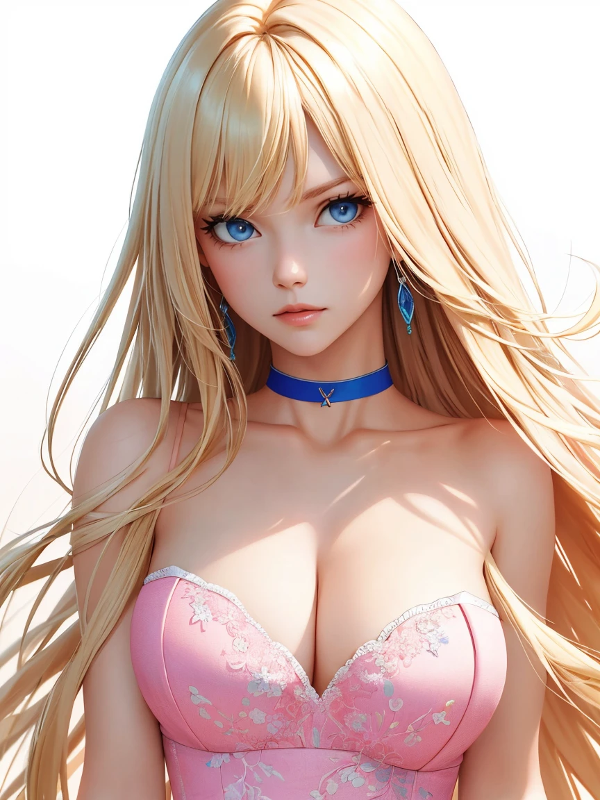 (((masterpiece))),best quality, [(white background:1.5)::5], (isometric:1.1), 1 woman, big breasts, blue eyes, very long hair, blonde hair, long blonde hair, side sweep bangs, pink choker, strapless pink dress, fighting stance