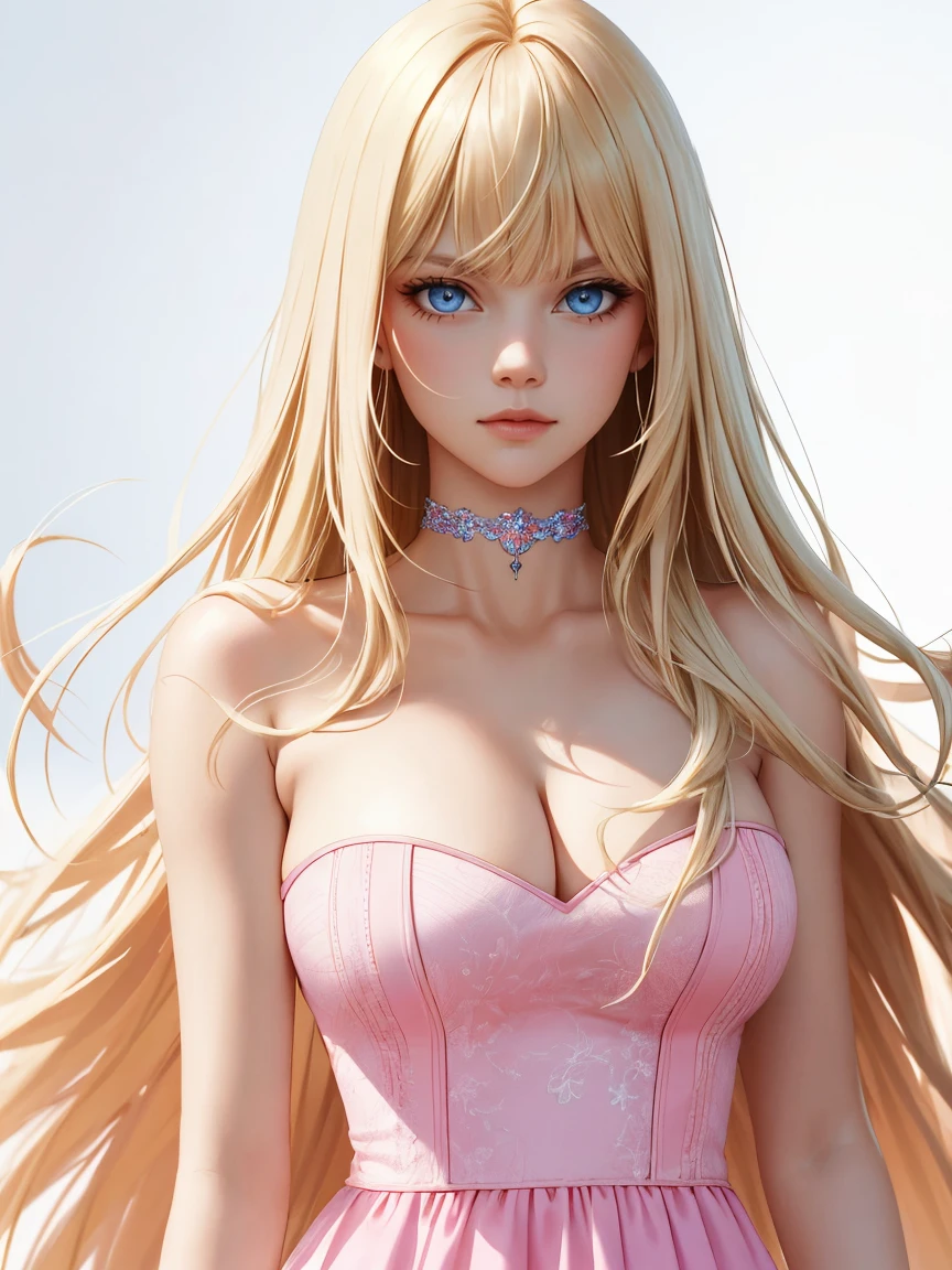 (((masterpiece))),best quality, [(white background:1.5)::5], (isometric:1.1), 1 woman, big breasts, blue eyes, very long hair, blonde hair, long blonde hair, side sweep bangs, pink choker, strapless pink dress, fighting stance