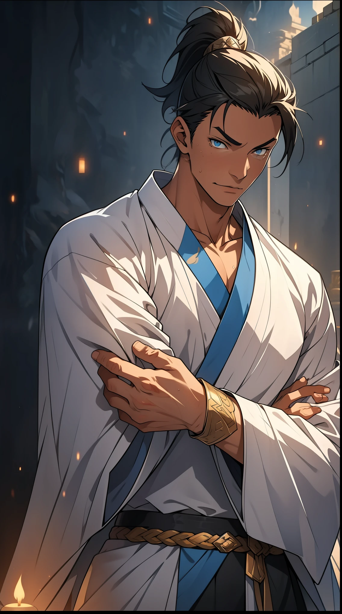 Two dimensions,anime style,one person(male warrior),proportions are correct,facial details,swordsman,high ponytail hairstyle,neck detail,Have an Adam's apple,White robe,joke,white robe,clothing details,transfer,long sleeves,Game quality,fencing,Ray tracing,Ray tracing,Detailed glow,CG rendering,hair details,long white hair,blue eyes,Handsome,Handsome,(Youthful feeling),Clothing is complicated,Perfect composition,refine,high quality,higher details,many details,Complex background,a sense of atmosphere,