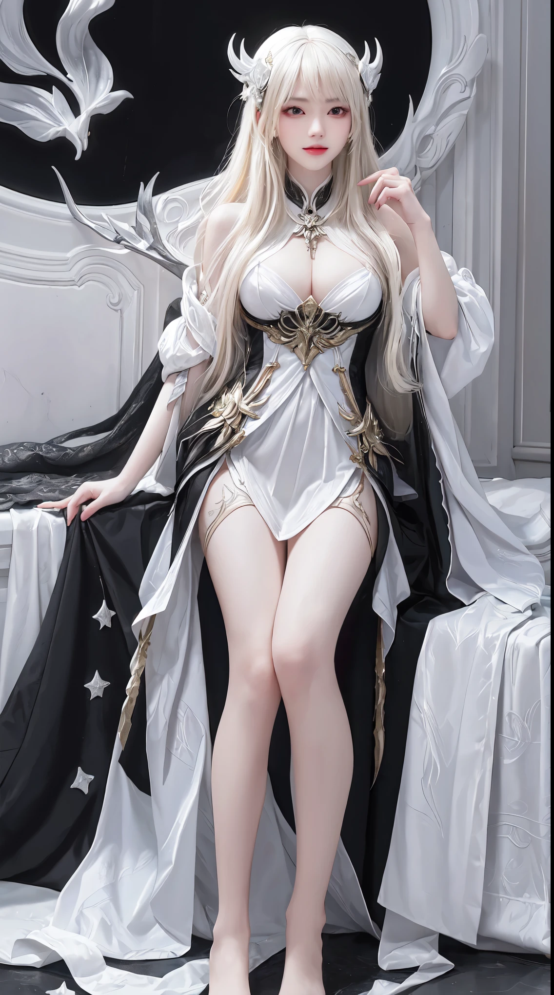 ((Yushuxin,1 girl,alone)),(((miss))), (((better quality))), (((masterpiece))), (((aldult))), (((1 girl))), A plump chest, cleavage, Nice slender legs, clean skin, Simon Beasley (Simon Beasley), Nude color shows wild urban style, long blonde hair, Minimum dress code, The left arm has metal protection,Has complex graphics, deep red,With white stars and black and white splashes, full of thorns, (((From the knee up))), 白色long blonde hair, Background wall painted by Shepard Fairey,complex design