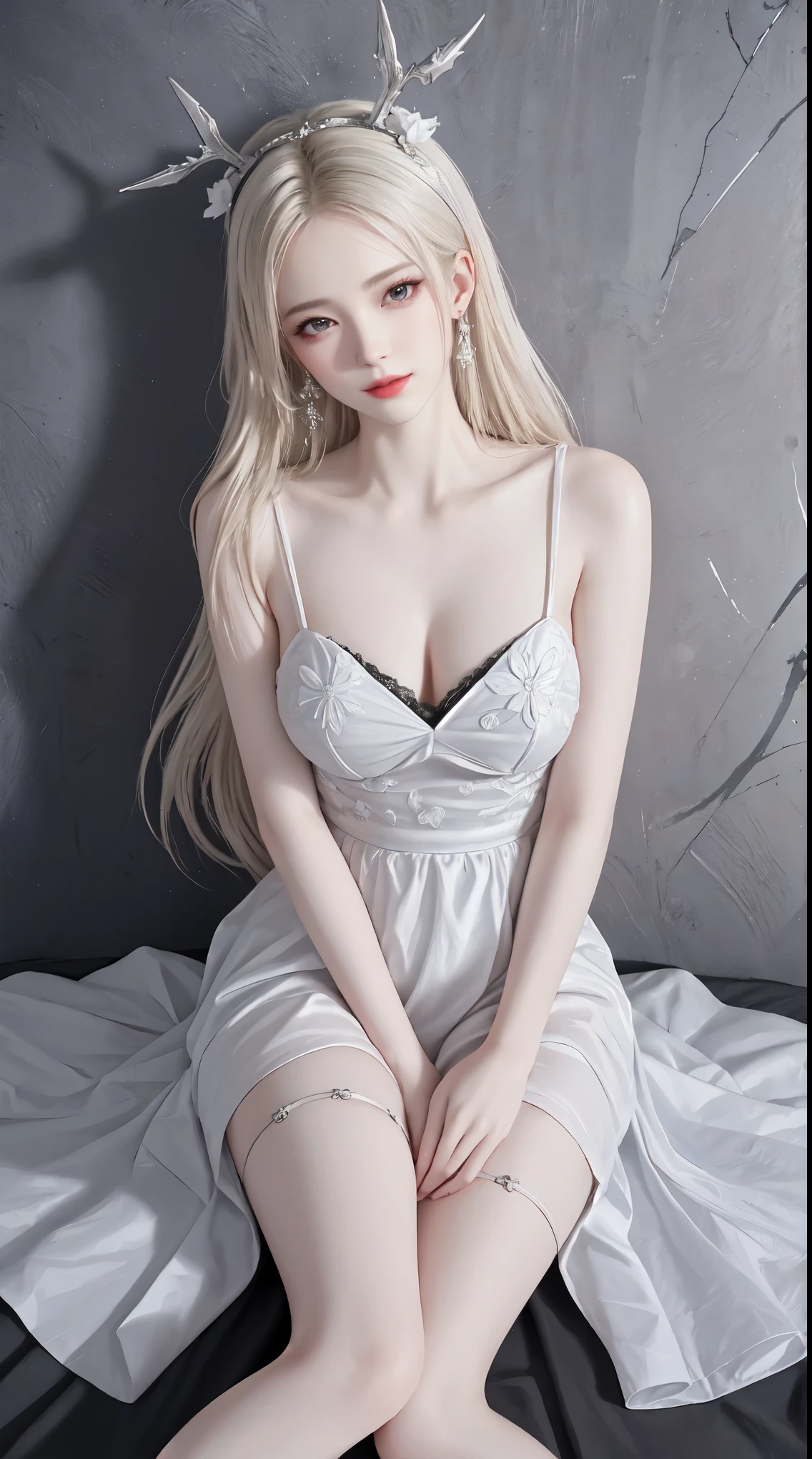 big breasts,colorful dress, ((Yushuxin,1 girl,alone)),(((miss))), (((better quality))), (((masterpiece))), (((aldult))), (((1 girl))), A plump chest, cleavage, Nice slender legs, clean skin, Simon Beasley (Simon Beasley), Nude color shows wild urban style, long blonde hair, Minimum dress code, The left arm has metal protection，Has complex graphics, deep red，With white stars and black and white splashes, full of thorns, (((From the knee up))), 白色long blonde hair, Background wall painted by Shepard Fairey，complex design