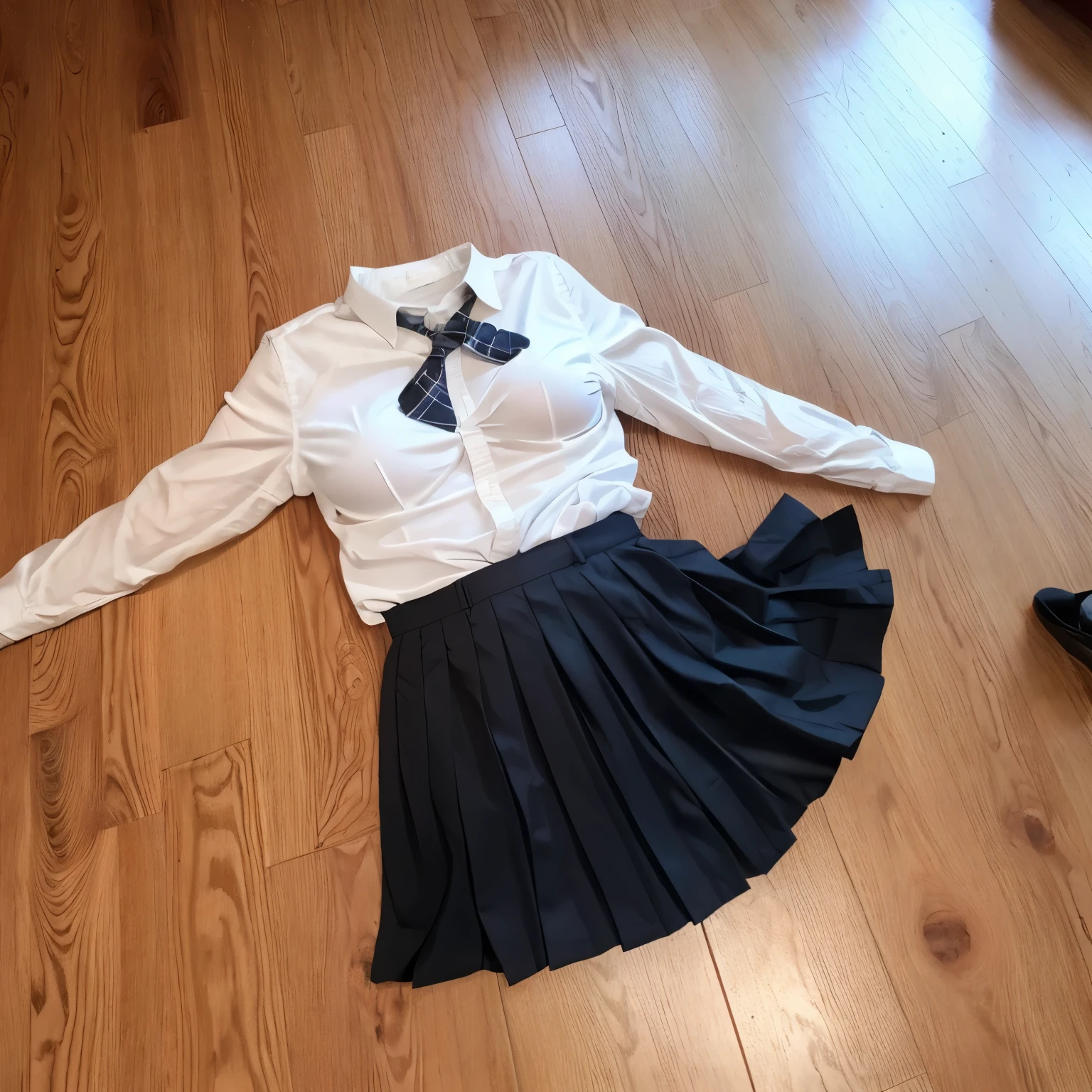 school uniform on floor, stripe tie, plaid school skirt, (invisible, no humans, headless, faceless:1.5), cute big breasts