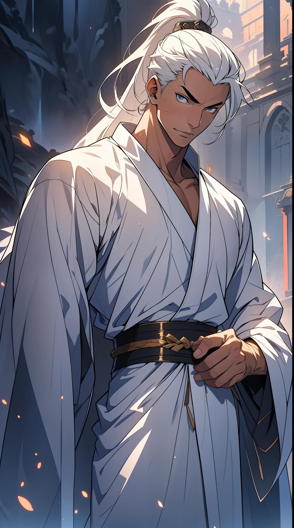 Two dimensions,anime style,one person(male warrior),proportions are correct,facial details,swordsman,high ponytail hairstyle,neck detail,Have an Adam's apple,White robe,joke,white robe,clothing details,transfer,long sleeves,Game quality,fencing,Ray tracing,Ray tracing,Detailed glow,CG rendering,hair details,long white hair,blue eyes,Handsome,Handsome,(Youthful feeling),Clothing is complicated,Perfect composition,refine,high quality,higher details,many details,Complex background,a sense of atmosphere,