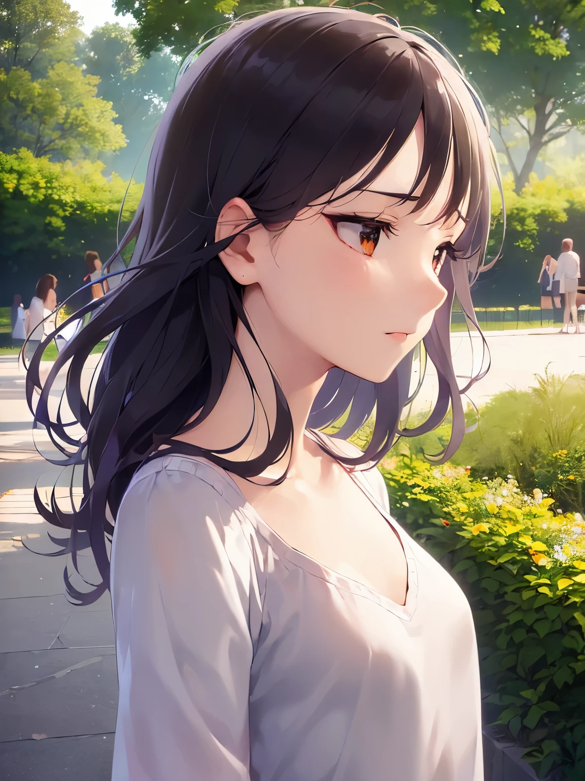 (looking away:1.5), side angle, (slim body:1.5), (small breasts:1.5), Realistic, real person, RAW photo, photorealistic, portrait photography, shiny skin, japanese idol, 25歳の女性、white sweat shirt、(messy hair:1.3), (medium hair) and (brown hair) and (brown eyes), (sad:1.5)、背景は公園、一人きり、jitome