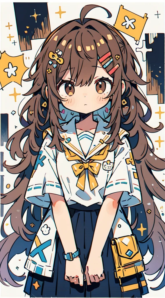 masterpiece,best quality,girl,long hair,ahoge,messy hair,brown hair,brown eyes,embarrass,