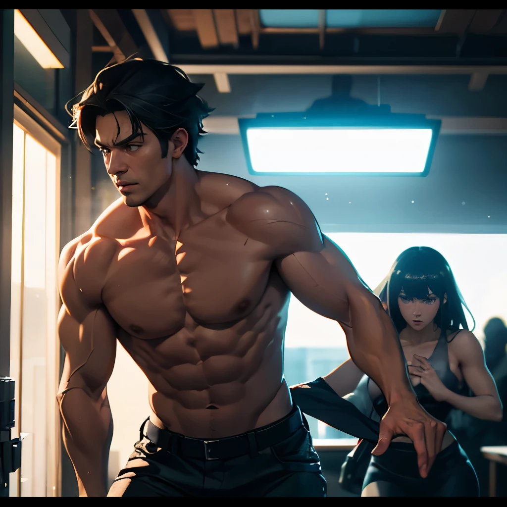 depth of field, cinematic lighting, motion blur, chromatic aberration, ray tracing, anime, 8k, super detail, best quality, 1080P, HD, 4K, 16k. Anime action hero, man and woman, shirtless man, muscular, the man is rescuing a beautiful woman