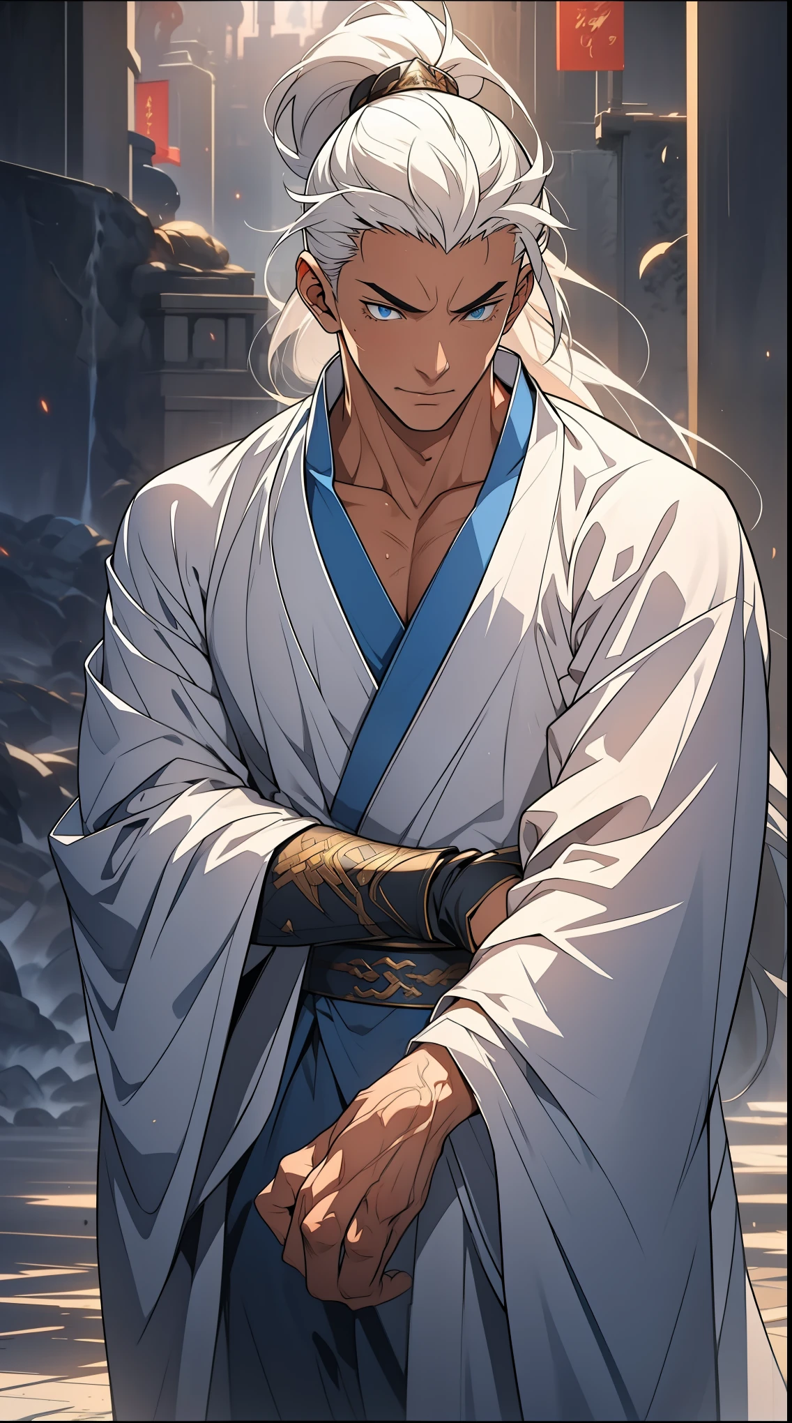 Two dimensions,anime style,one person(male warrior),proportions are correct,facial details,swordsman,high ponytail hairstyle,neck detail,Have an Adam's apple,White robe,joke,white robe,clothing details,transfer,long sleeves,Game quality,fencing,Ray tracing,Ray tracing,Detailed glow,CG rendering,hair details,long white hair,blue eyes,Handsome,Handsome,(Youthful feeling),Clothing is complicated,Perfect composition,refine,high quality,higher details,many details,Complex background,a sense of atmosphere,