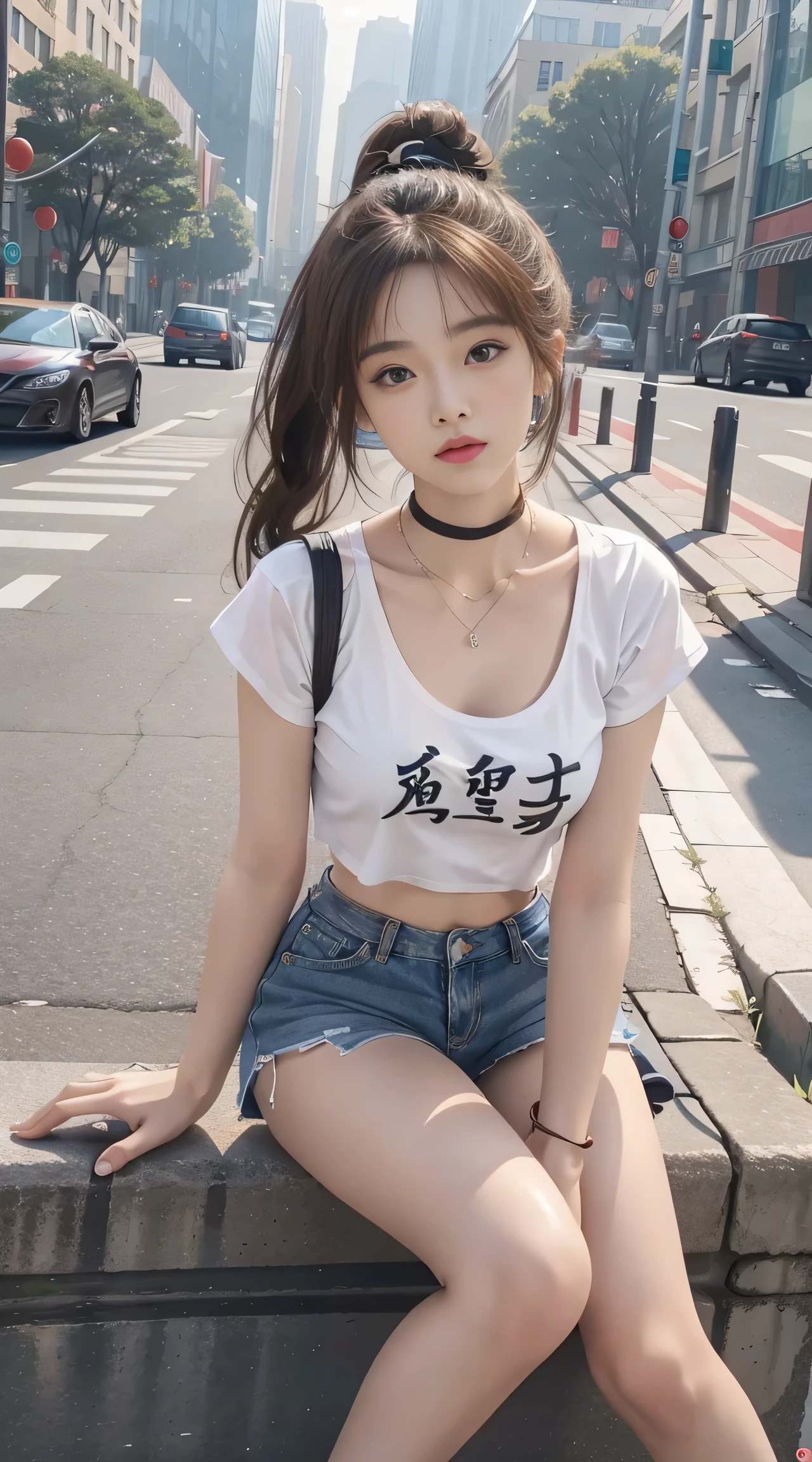 best quality detail:1.2, hentail realism, 8K UHD, A high resolution, 1girl in:1.2, The ultra-detailliert, High quality textures, intricately details, detaileds, Very detailed CG, High quality shadows, Detail Beautiful delicate face, Detail Beautiful delicate eyes, depth of fields, Ray traching,Girly face, age 22, Beautiful pop girl, Korean Urzan face:1.1, Slender face, PureErosFace_V1, glowing light eyes, teak, Glossy lips, perfect bodies,Perfect vest line,Big ass,Short top exposes the navel, choker necklace、nedium breasts、 Brown hair、Double ponytail hairstyle, no underwares,Upturned shorts,The top is translucent,without a backpack,Playful and cute,Full-body photography,Slim legs,Beautiful legs slender,street, Particle, view the viewer, Photorealsitic:1.4, ultra - detailed, Photos realistic, 4K 8K Ultra HD full-color RAW photos, hasselblatt:1.2, Carl Zeiss:1.1, Incredible dynamic range photography(util_The art of SMUS-768:1.1), A high resolution, high pixel count, Clear details, Sharp images, Natural color reproduction, denoised, High fidelity, quality, Software improvements, upscaled, Optimization algorithm, Professional grade beauty、((beijing))、in a school、((Fashion clothing with a very high design))、Graphic T-shirt: Art and logos、Graphic t-shirts printed with anime characters are trending.、Create a unique look,Full-body photography,Expose breasts and buttocks