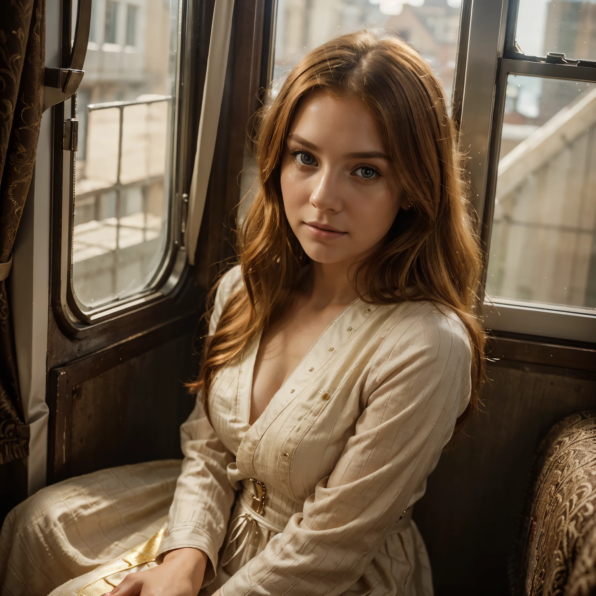 RAW uhd portrait of 24-year-old blonde, Natural red hair, castles, Wavy, (brown-eyed woman) sitting by the window in the early morning, golden ratio, dressed in a very elegant and pretty dress, on an old train, (cutout), Detailed (textures!, Hair!, brightness, Color!, imperfections:1.1), High detail of light eyes, (looking at the camera), specular lighting, dslr, ultra quality, sharp-focus, Sharp, Depth of field, Film grain, (centered), Fujifilm XT3, Crystal clear, The center of the frame, cute face, sharp-focus, bokeh, (dimly lit), Low key.