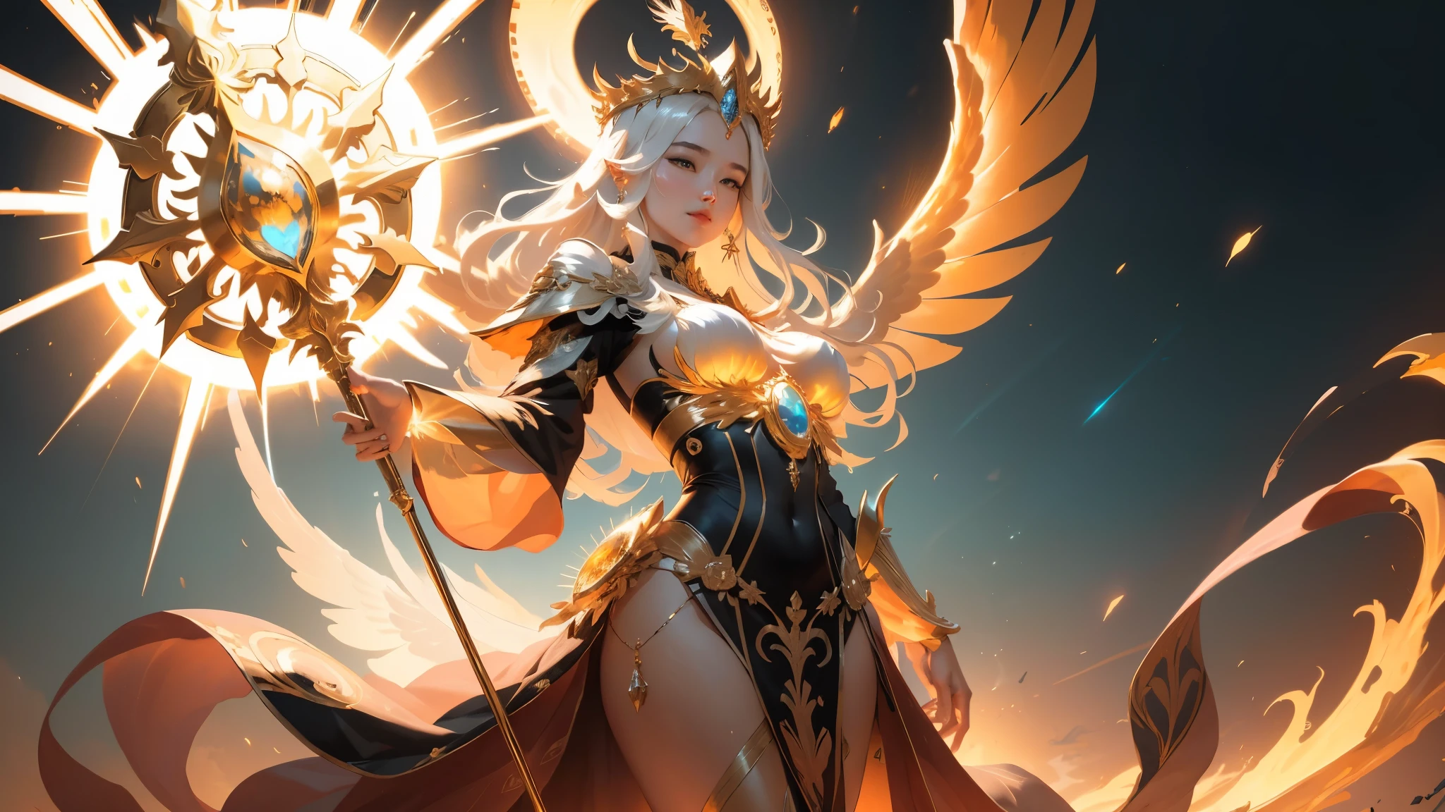 1 woman, beautiful sun empress, detailed 눈, detailed 얼굴, mature face, athlete, Looking at the viewer,whole body, light smile,detailed 피부,a mature body, tall body,Seductive body,medium big tits, Middle thigh, detailed clothes break desert and pyramid backgrounds, Hold only one long and thick sun scepter, Phoenix Dragon of the Sky, highly saturated sunlight, holy ceremony, angelic halo, Golden and orange flames shine dazzlingly., sacred magic circle, Golden Crown , Golden Majestic Lightning, best quality, masterpiece, Trends in Art Station,break,detailed,realistic,4K의 매우 detailed 디지털 아트,octane rendering, bioluminescence, cinematic lighting break 8K resolution concept art, realism,Manufacturer Mapa Studio,masterpiece,best quality,official art,illustration,clear lines,(cool_color),perfect composition,absurd, fancy,concentrated,