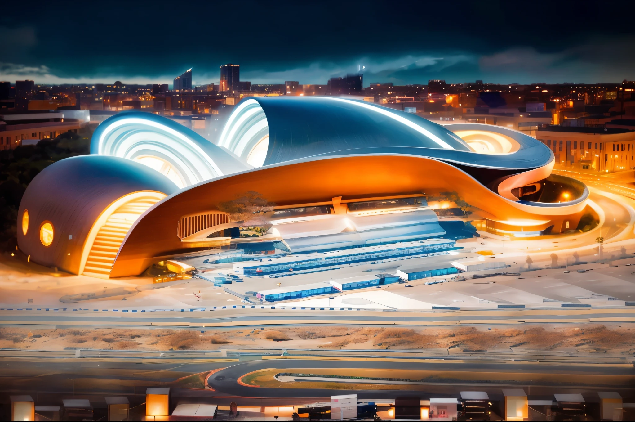 Night view of a large building with a curved roof and a train station, zaha hadid style architecture, zaha hadid architecture, in style of zaha hadid architect, tilt shift zaha hadid background, architecture zaha hadid, zaha hadid, Web portals. zaha hadid, in style of zaha hadid, inspired by Zha Shibiao, inspired zaha hadid, in future airport rooftop