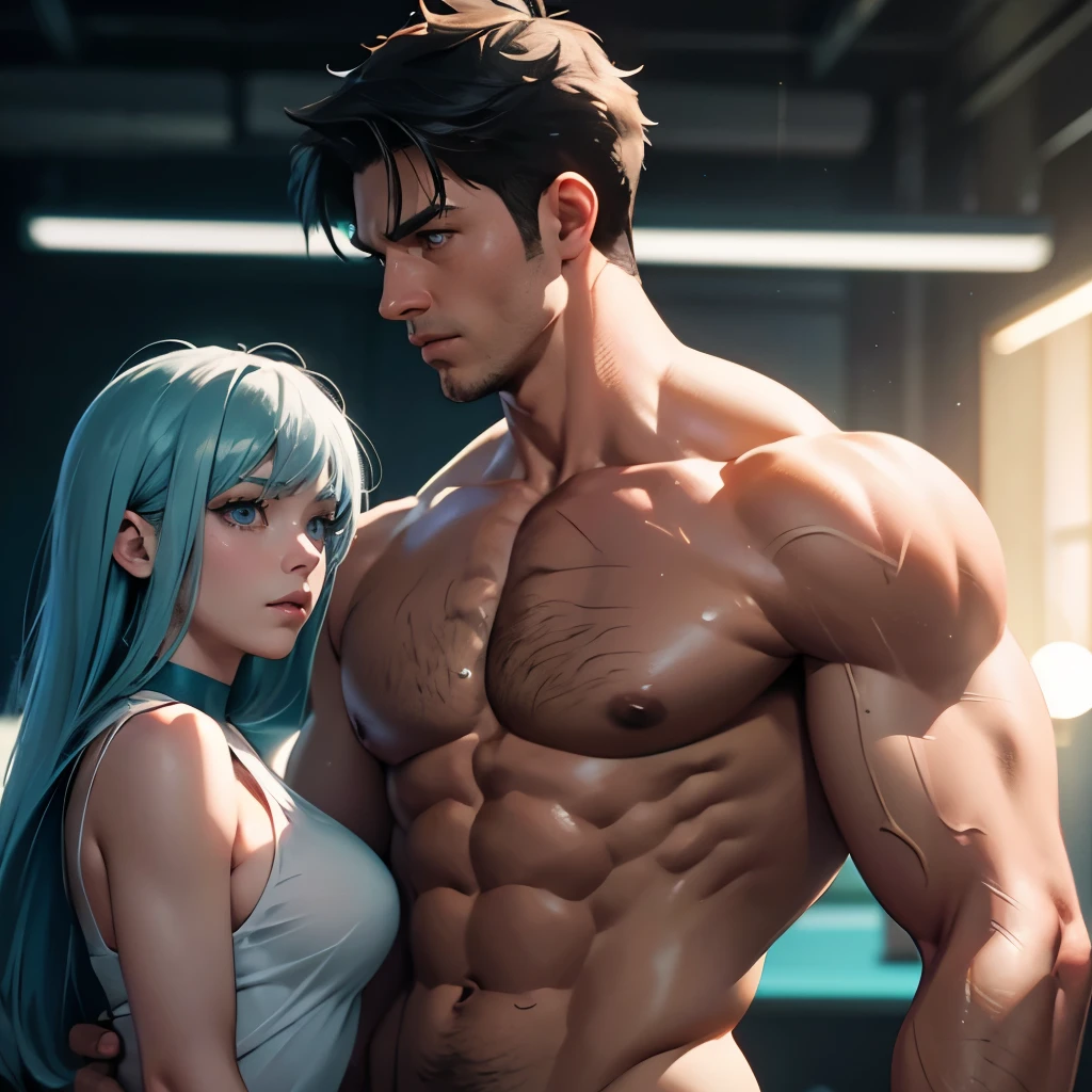 depth of field, cinematic lighting, motion blur, chromatic aberration, ray tracing, anime, 8k, super detail, best quality, 1080P, HD, 4K, 16k. Anime action hero, man and woman, shirtless man, muscular, the man is holding a beautiful woman