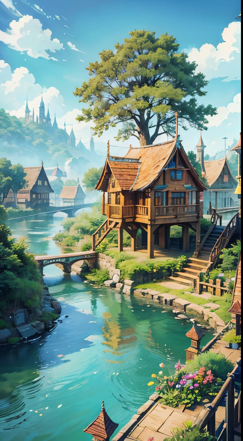 fantasy city made of tree houses, along a river,