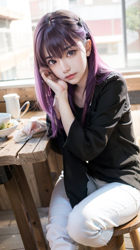 anime girl with purple hair sitting on a wooden table, anime style like fate/stay night, misato katsuragi, fate / stay night, anime visual of a cute girl, anime moe artstyle, iwakura lain, fate stay night, made with anime painter studio, clean detailed anime art, smooth anime cg art, the anime girl is crouching