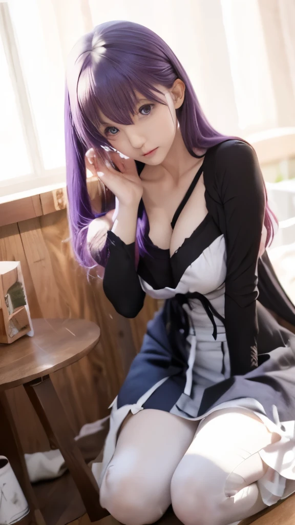 anime girl with purple hair sitting on a wooden table, anime style like fate/stay night, misato katsuragi, fate / stay night, anime visual of a cute girl, anime moe artstyle, iwakura lain, fate stay night, made with anime painter studio, clean detailed anime art, smooth anime cg art, the anime girl is crouching