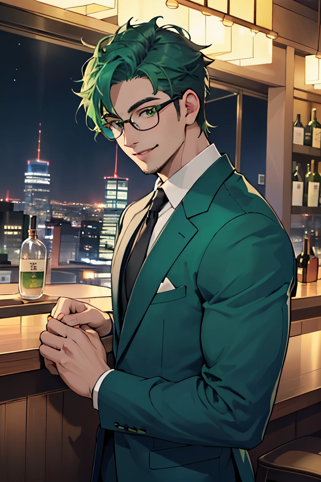 ((highest quality)), ((masterpiece)), (be familiar with), perfect face、Super handsome、ENFP、male、green hair、No bangs、A sense of leeway、Hallyu Men、glasses、smile、Green suit、The background is a luxury bar with a night view、α mail、Muscle Morimori、It feels like you're following me