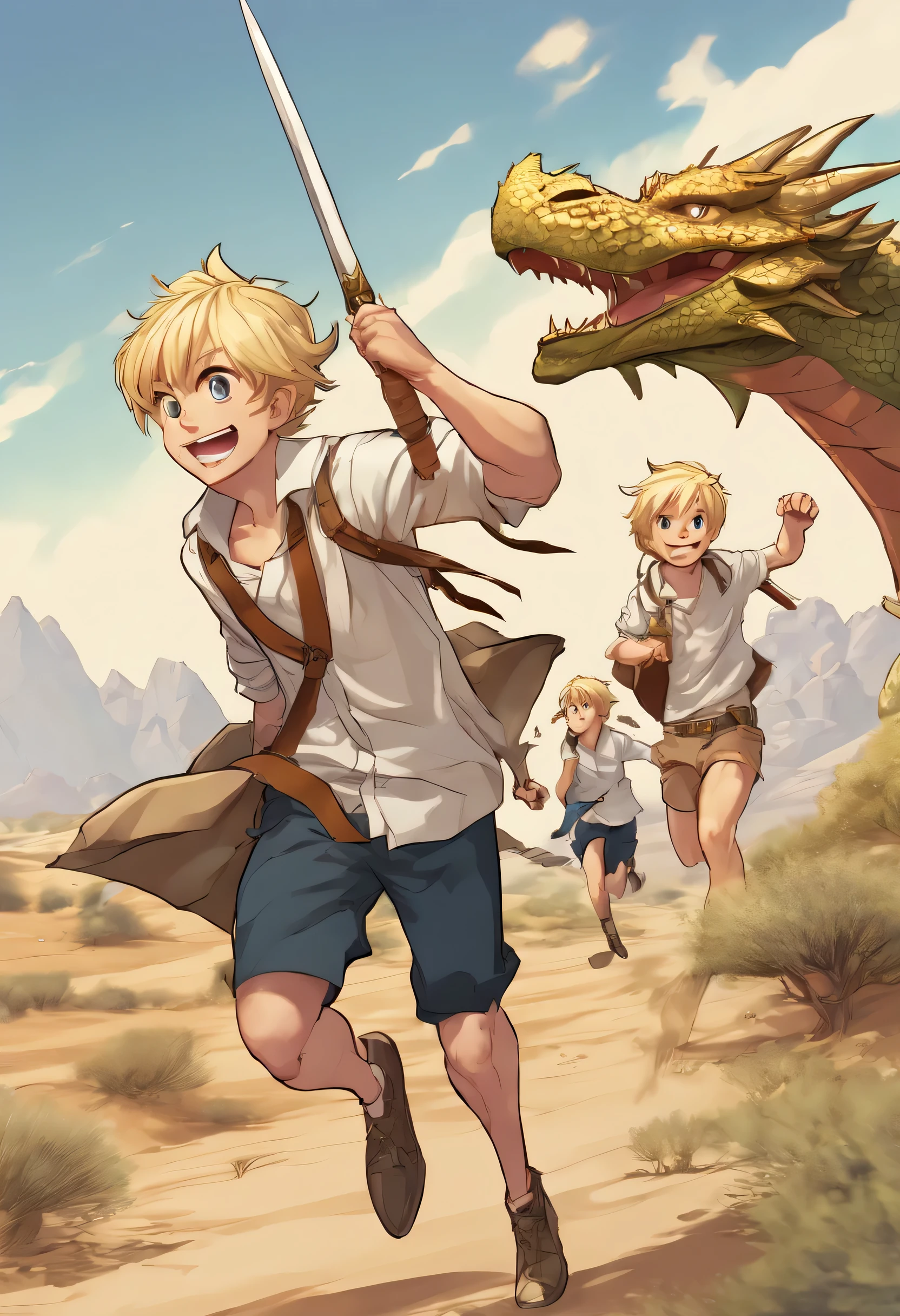 comicstyle,comic, multiple boys, weapon, blonde hair, english text, sword, hat, gold hair, dragon, short hair, running, shirt, desert, tree, smile, sky