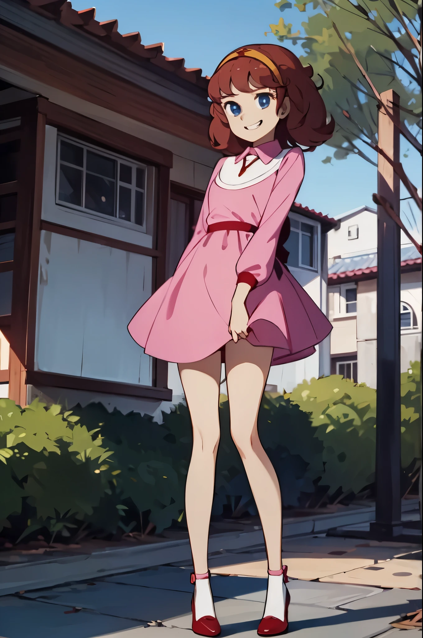 ultra-detailed, Explicit, Beautiful body, Beautiful Nose, Beautiful character design, perfect eyes, perfect face, ultra highres, 4K, beautiful legs, perfect legs, Nice hands, Perfect hand, Masterpiece, Best Quality, Highly detailed, illustration, absurdres, perfect anatomy, masterpiece, best quality, solo, 1girl, looking at viewer, outdoor, Lalabel, pink dress, standing, standing at attention, hair ornaments, (((pixel-perfect, detail-perfect))), evil grin,