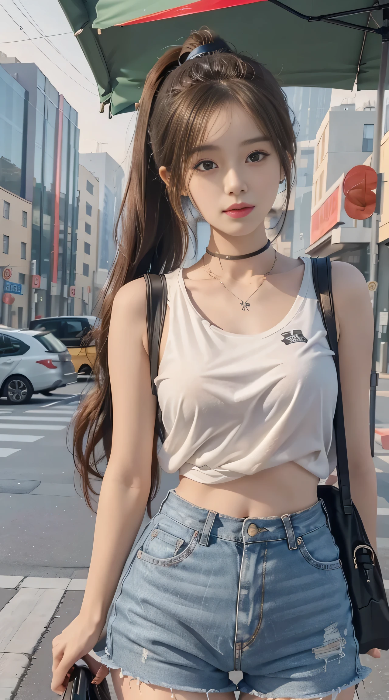((midynight, Need, 8k, tmasterpiece:1.3)), full bodyesbian, Long legs, Focalors:1.2, perfect figure beautiful woman:1.4, Slim abs:1.1, ((Dark brown hair, huge tit:1.2 )), (white tight t-shirt, Denim suspenders, standing on your feet:1.2), ((urban street scene, the roof:1.3)), Highly detailed facial and skin texture, A detailed eye, 二重まぶた