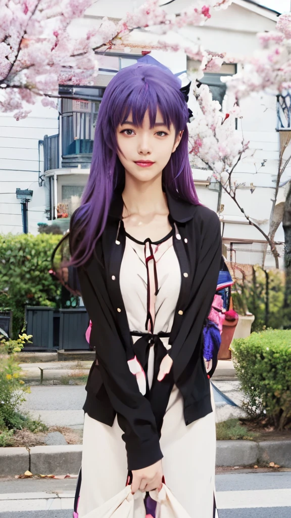 anime girl with purple hair and white dress in front of a house, misato katsuragi, iwakura lain, official art, anime style like fate/stay night, mai yoneyama, anime moe artstyle, anime visual of a cute girl, official character art, sankakucomplex anime image, official anime artwork, anime visual of a young woman