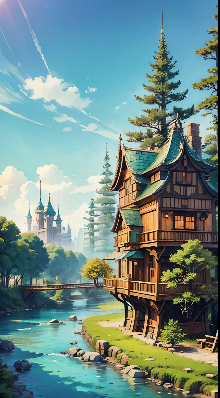fantasy city made of tall tree houses, along a river,