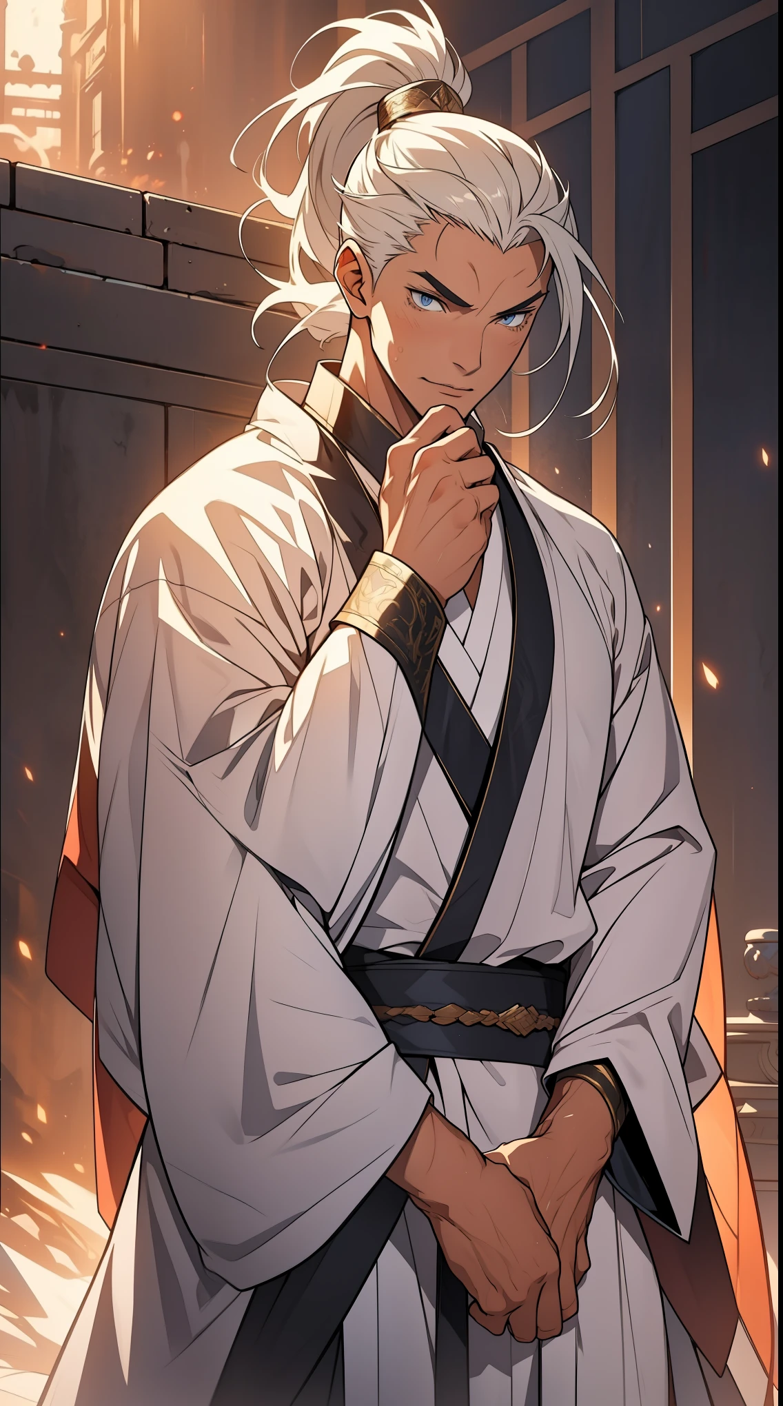 Two dimensions,anime style,one person(male warrior),proportions are correct,facial details,swordsman,high ponytail hairstyle,neck detail,Have an Adam's apple,White robe,joke,white robe,clothing details,transfer,long sleeves,Game quality,fencing,Ray tracing,Ray tracing,Detailed glow,CG rendering,hair details,long white hair,blue eyes,Handsome,Handsome,(Youthful feeling),Clothing is complicated,Perfect composition,refine,high quality,higher details,many details,Complex background,a sense of atmosphere,