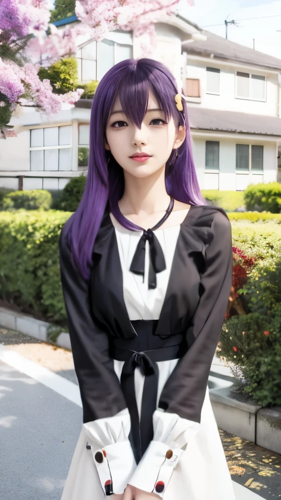 anime girl with purple hair and white dress in front of a house, misato katsuragi, iwakura lain, anime style like fate/stay night, official art, mai yoneyama, anime moe artstyle, anime visual of a cute girl, official character art, sankakucomplex anime image, official anime artwork, yuyushiki