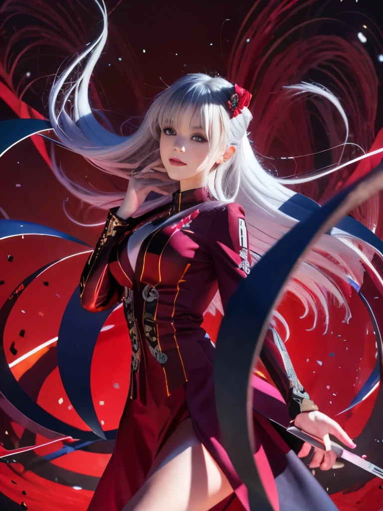 a woman with long white hair and a red dress standing in front of a red background, digital art from danganronpa, anime girl with cosmic hair, digital art on pixiv, demon anime girl, zerochan art, white haired deity, nagito komaeda, gapmoe yandere grimdark, detailed fanart, by Kamagurka, beautiful anime artwork