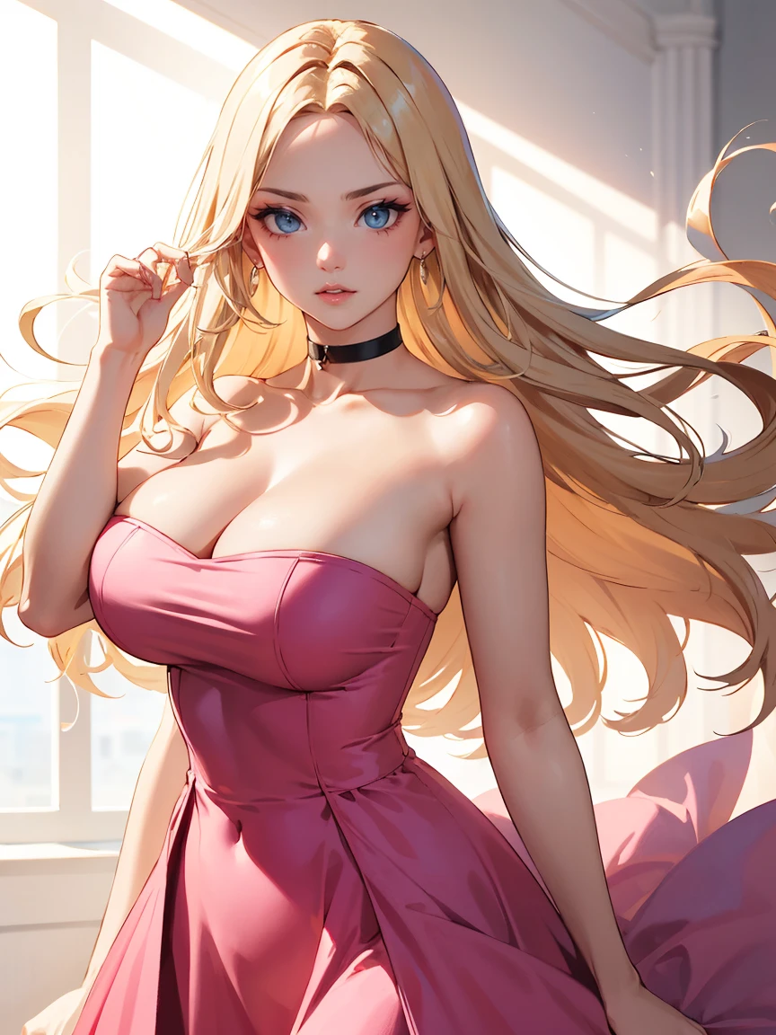 (((masterpiece))),best quality, [(white background:1.5)::5], (isometric:1.1), 1 woman, big breasts, blue eyes, very long hair, blonde hair, long blonde hair, side sweep bangs, pink choker, strapless pink dress, fighting stance