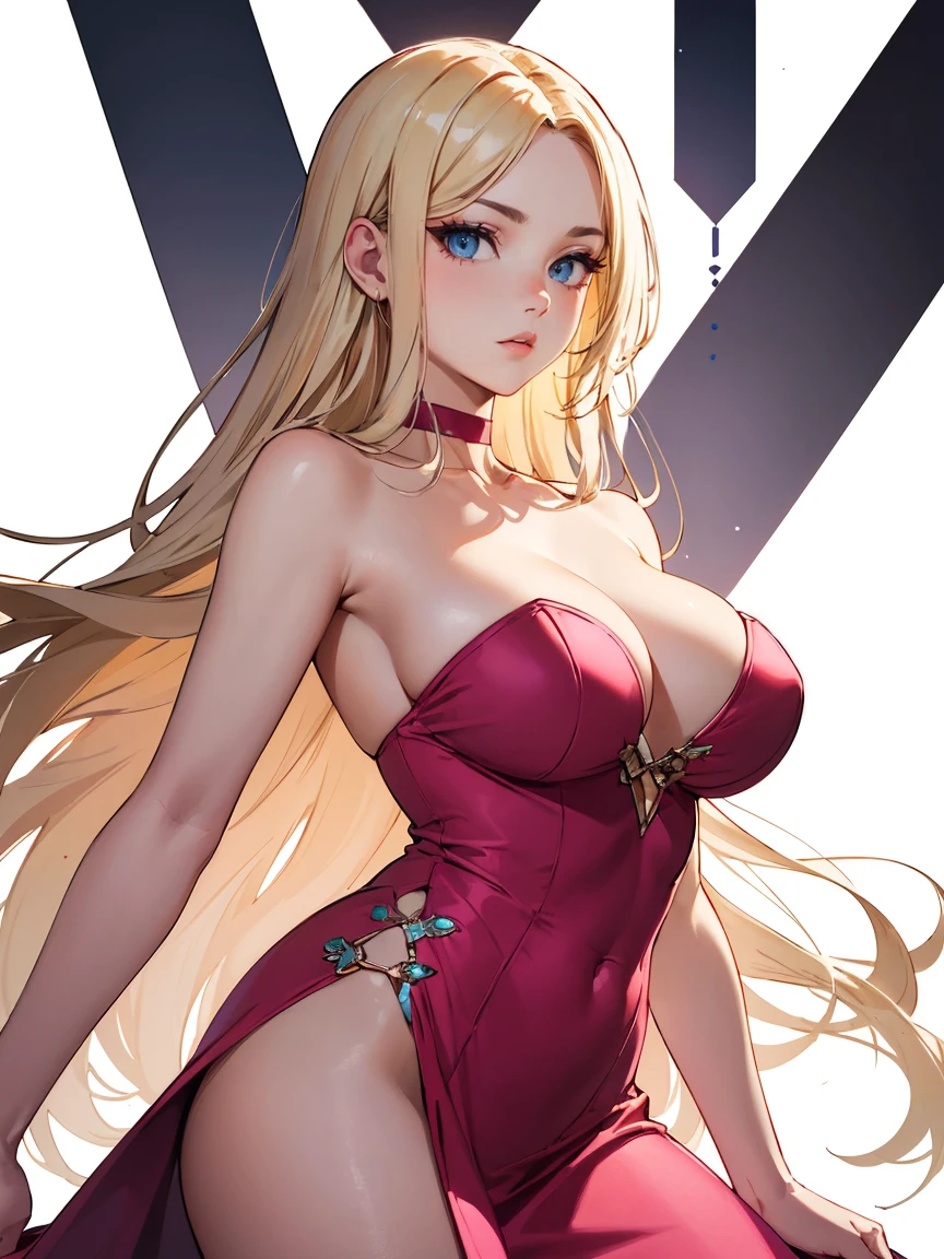(((masterpiece))),best quality, [(white background:1.5)::5], (isometric:1.1), 1 woman, big breasts, blue eyes, very long hair, blonde hair, long blonde hair, side sweep bangs, pink choker, strapless pink dress, fighting stance
