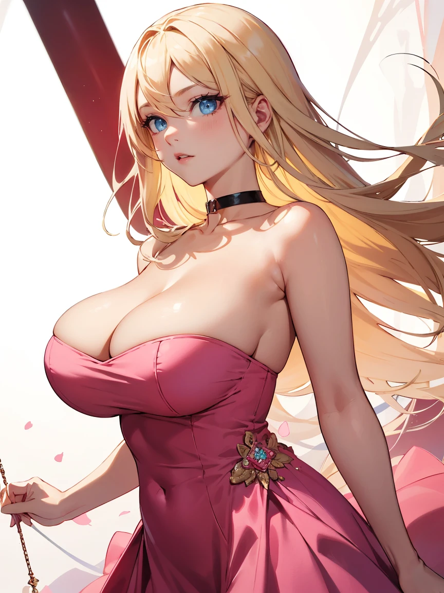 (((masterpiece))),best quality, [(white background:1.5)::5], 1 woman, big breasts, blue eyes, very long hair, blonde hair, long blonde hair, parted bangs, pink choker, strapless pink dress, fierce looks