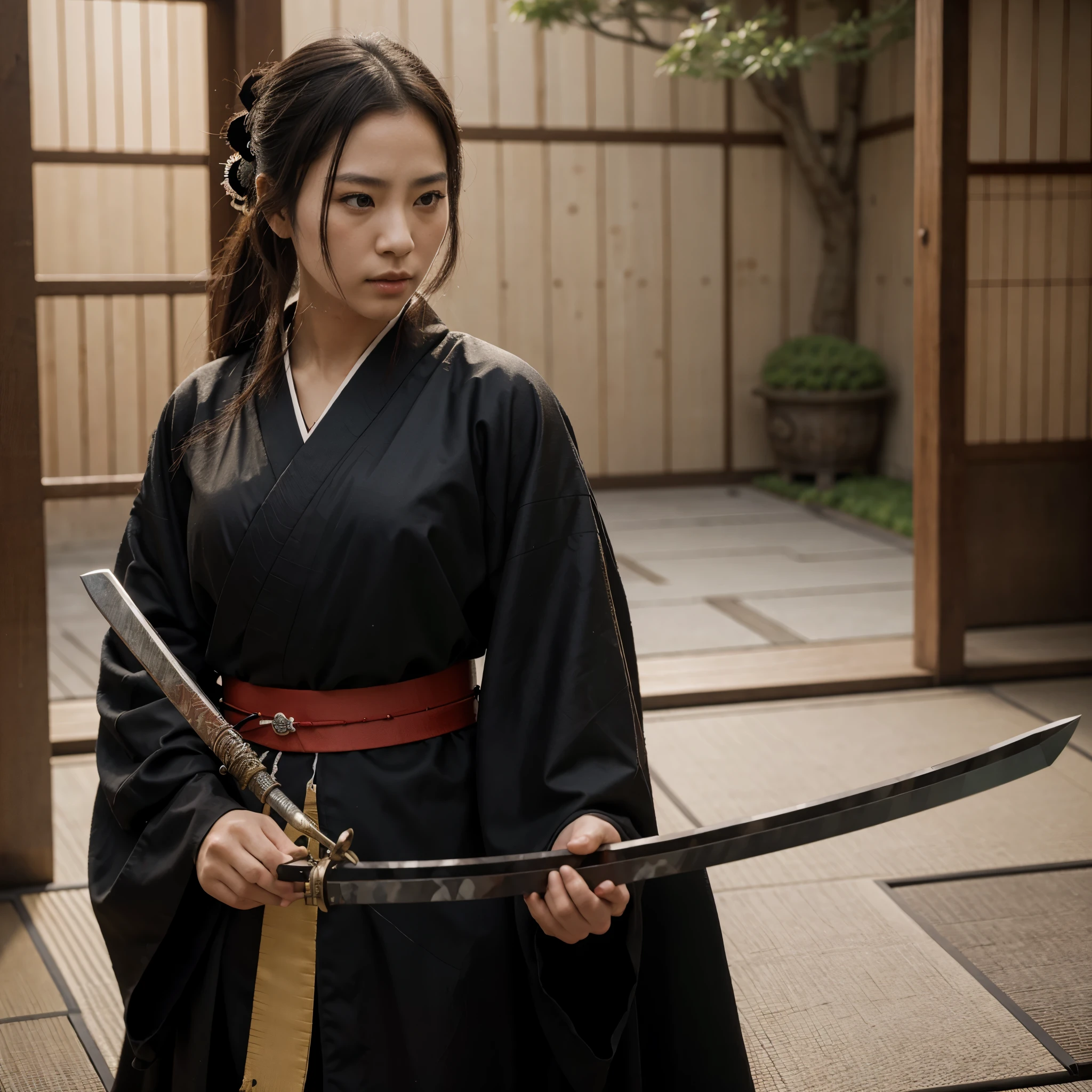 Masterpiece, highly detailed, high resolution, 16k, HD, Sharp Focus, A Japanese samurai woman, wearing a black kimono, swings her blood-stained sword