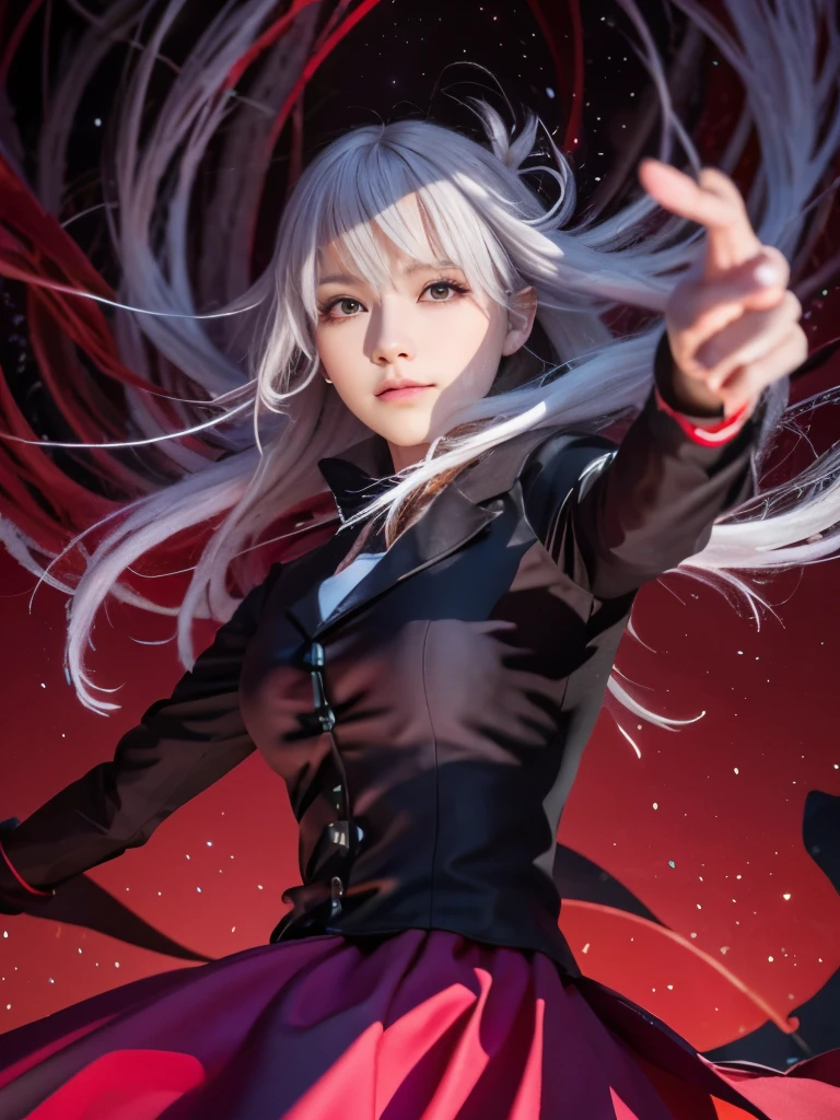 a woman with long white hair and a red dress standing in front of a red background, digital art from danganronpa, anime girl with cosmic hair, digital art on pixiv, demon anime girl, zerochan art, white haired deity, nagito komaeda, gapmoe yandere grimdark, detailed fanart, by Kamagurka, beautiful anime artwork