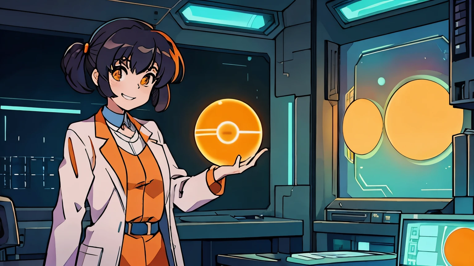 Anime-style concept art of Lena's Lab, focusing on Lena and a smaller orange orb Mood Matrix machine. Lena, an anime scientist, is the only person in the frame, talking, looking at mood matrix, invention, disheveled, smiling, mad scientist, lab filled with inventions