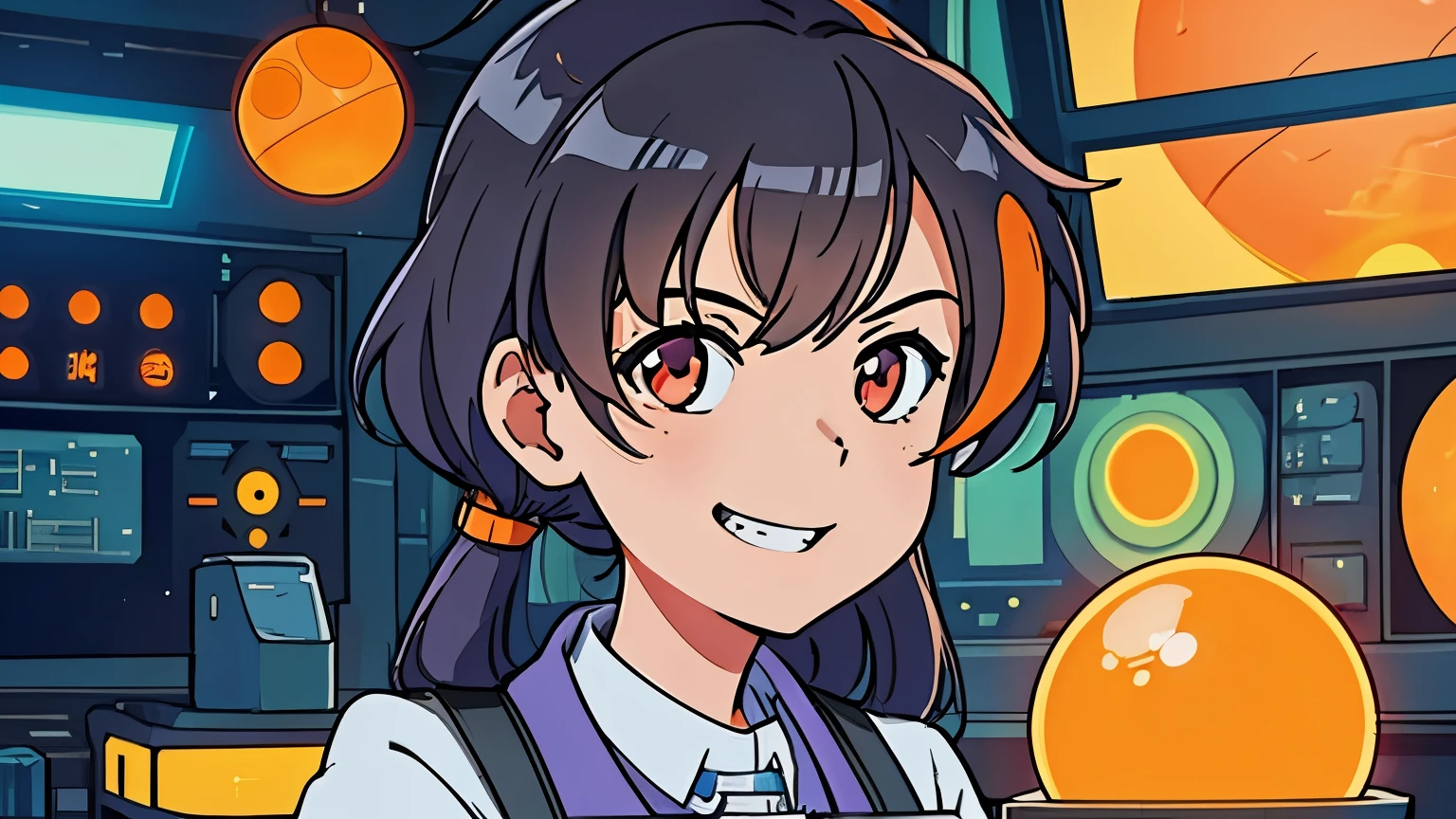Anime-style concept art of Lena's Lab, focusing on Lena and a smaller orange orb Mood Matrix machine. Lena, an anime scientist, is the only person in the frame, talking, looking at mood matrix, invention, disheveled, smiling, mad scientist, lab filled with inventions
