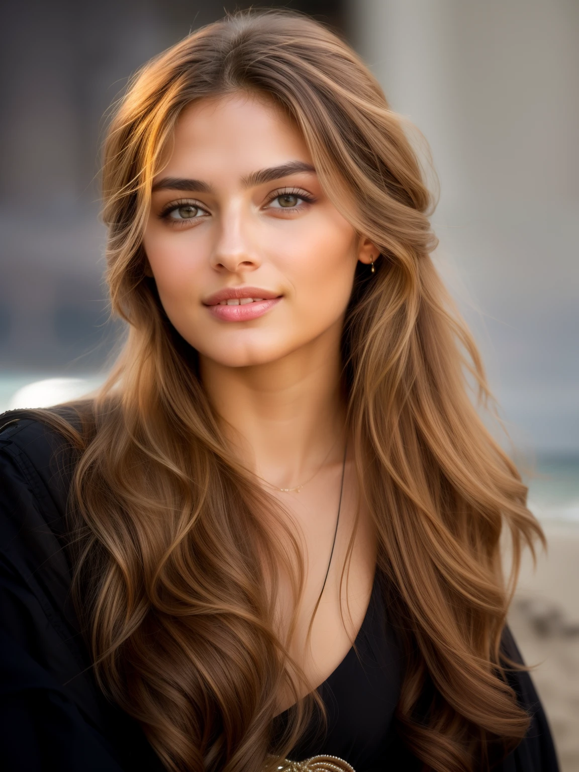 ultra realistic, Cinematic soft lighting illuminates a stunningly detailed and ultra-realistic beautiful Middle-Eastern supermodel, beach look, long messy windy brown hair, clear honey eyes, captivating perfect smile, sensual, hot woman, gorgeous, that is trending on ArtStation. Octane is the perfect tool to capture the softest details of this 16k photography masterpiece.