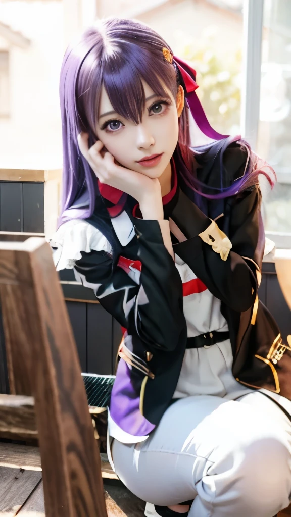 anime girl with purple hair sitting on a wooden table, anime style like fate/stay night, misato katsuragi, fate / stay night, anime visual of a cute girl, anime moe artstyle, iwakura lain, fate stay night, made with anime painter studio, clean detailed anime art, smooth anime cg art, the anime girl is crouching