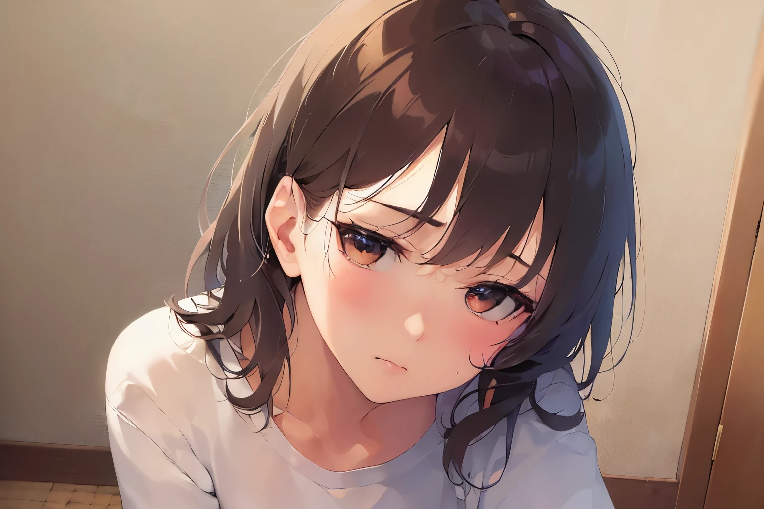 cinematic angle, (slim body:1.5), (small breasts:1.5), Realistic, real person, RAW photo, photorealistic, portrait photography, shiny skin, japanese idol, 25歳の女性、white sweat shirt、(messy hair:1.3), (medium hair) and (brown hair) and (brown eyes), (sad:1.5)、背景はリビング、座っている、一人きり、jitome