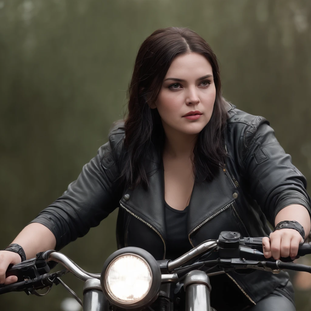 ((best quality)), ((Best Retail)), (high level of detail: 1.3), 3D, A fat woman on a motorcycle, Moche je l&#39;ai fait (Cyberpunk:1.3) femme hacker, Espionne, Conduire une moto,plan moyen long