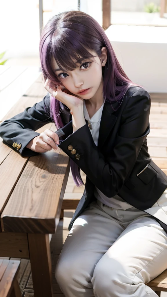 anime girl with purple hair sitting on a wooden table, anime style like fate/stay night, misato katsuragi, fate / stay night, anime visual of a cute girl, anime moe artstyle, iwakura lain, fate stay night, made with anime painter studio, clean detailed anime art, smooth anime cg art, the anime girl is crouching